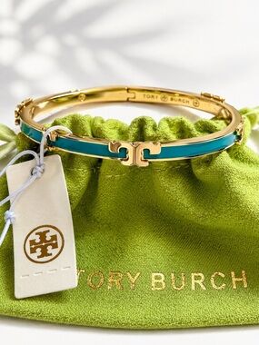 Tory Burch Gold Blue Turquoise Enamel Logo Hinged Bangle Bracelet NWT